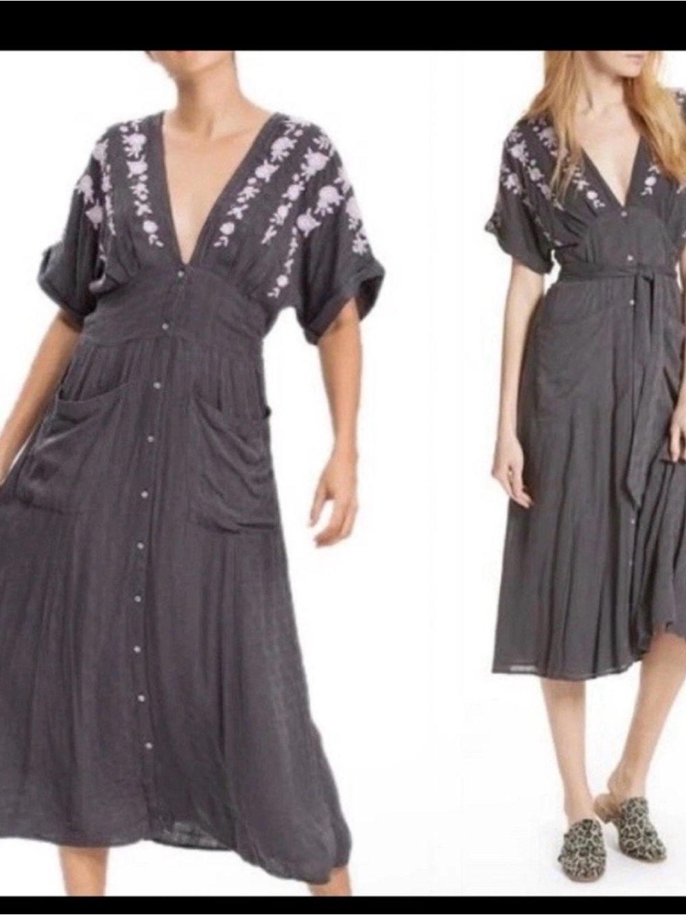 Free People Charcoal Midi Dress with Lavender Embroidery - Picture 2 of 6